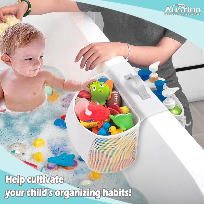 Austion Saddle shape 2 Compartments Bath Toy Organizer, Easy Access for Children, Wide Opening Bath Toy Holder for Drying Toys and Storage, Mesh Shower Toy Holder and Bath Tub Toy Storage Organizer for Tub. - Image 4